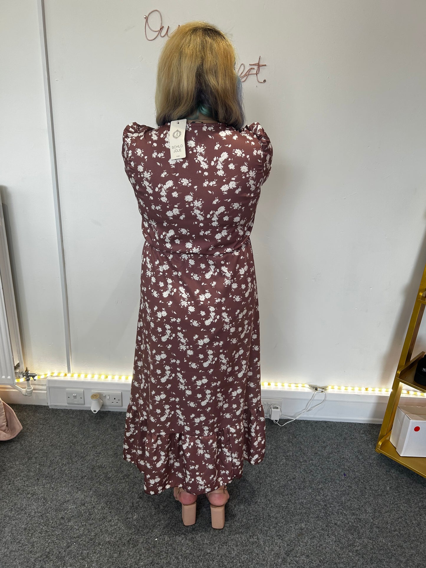 Anna Floral Side Slit Midaxi Dress-Brown