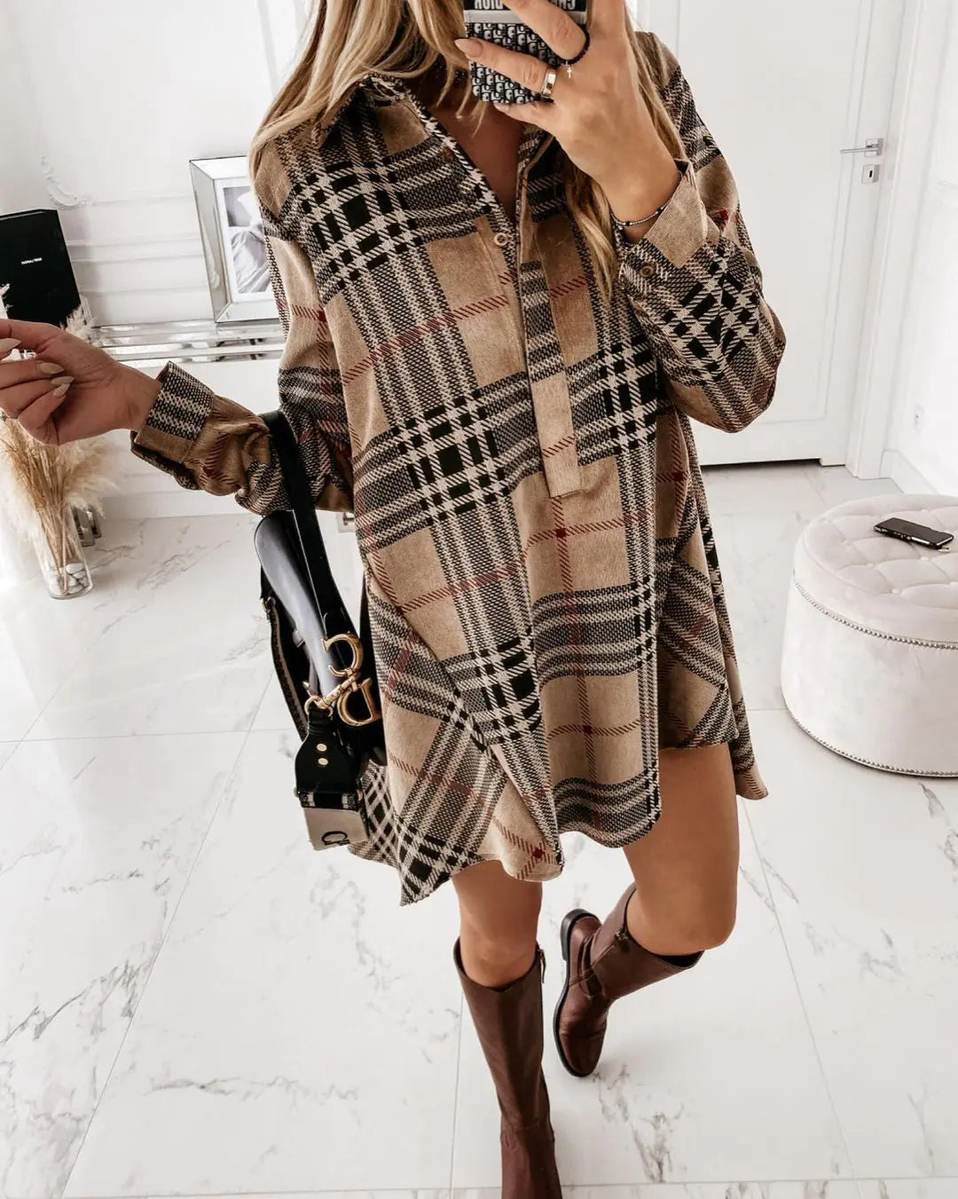 Loose Fit Plaid Shirt Dress for Women