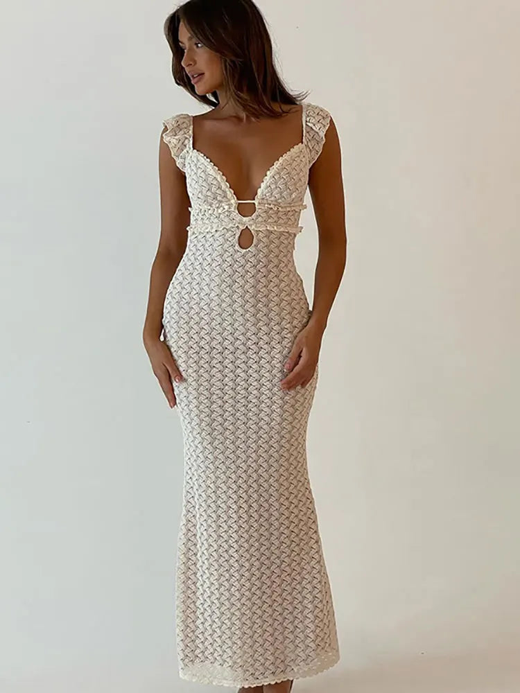 Summer Sexy Backless Slim Maxi Dress Knitted Ruffle