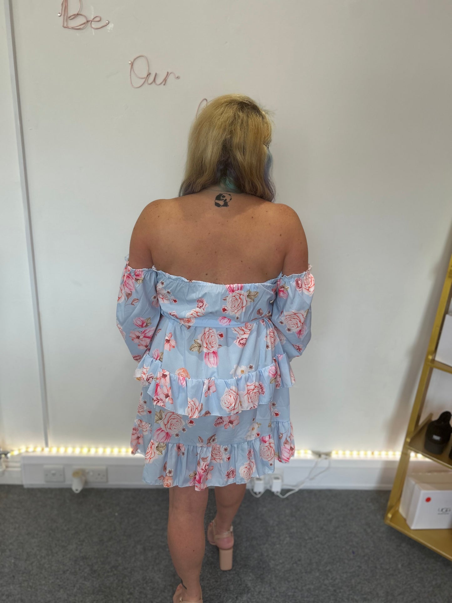Zandra Tiered Floral Bardot Dress-Sky Blue