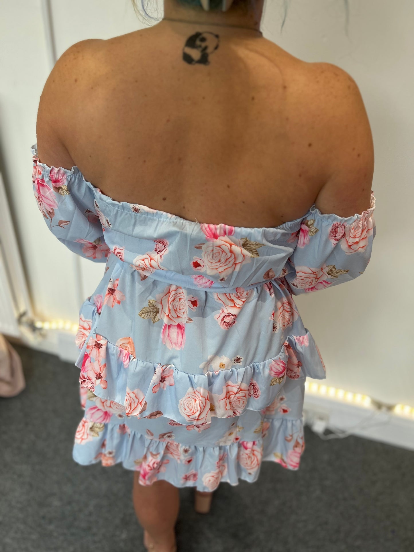 Zandra Tiered Floral Bardot Dress-Sky Blue