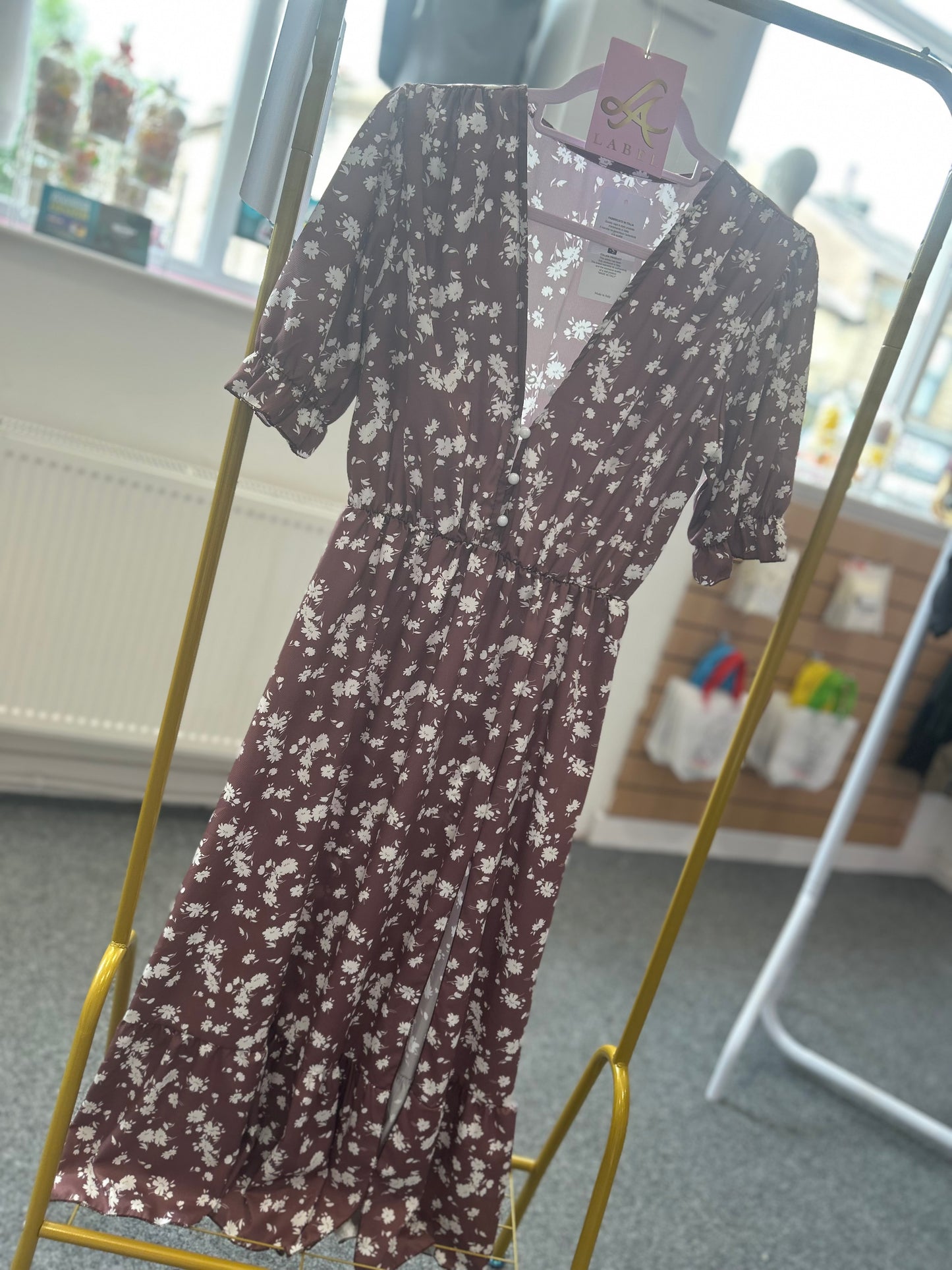 Anna Floral Side Slit Midaxi Dress-Brown