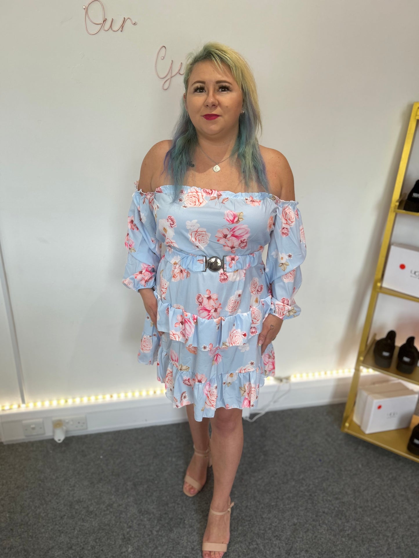 Zandra Tiered Floral Bardot Dress-Sky Blue