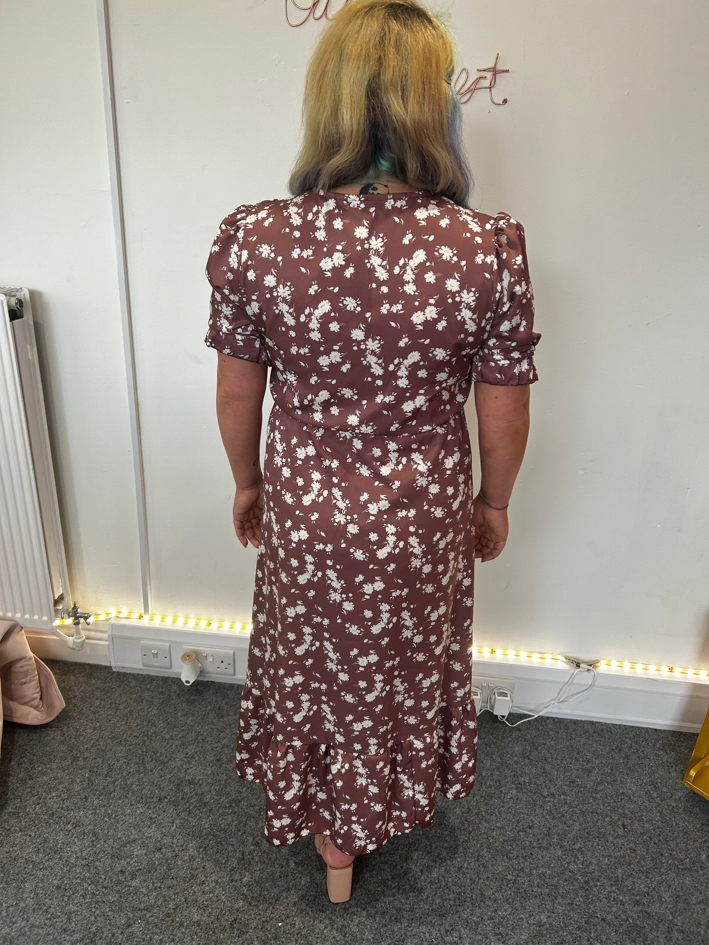 Anna Floral Side Slit Midaxi Dress-Brown
