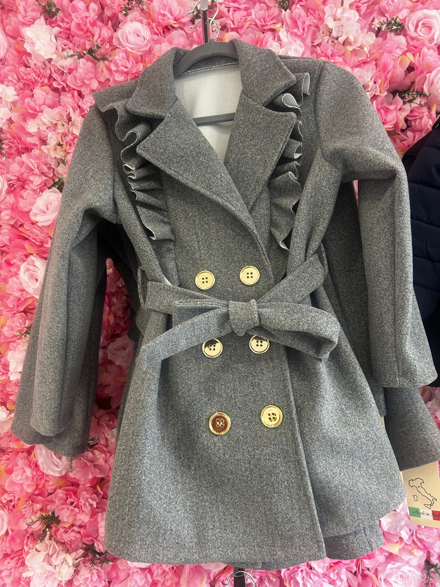 Italian Elegance: Grey Ruffle Coat for Girls