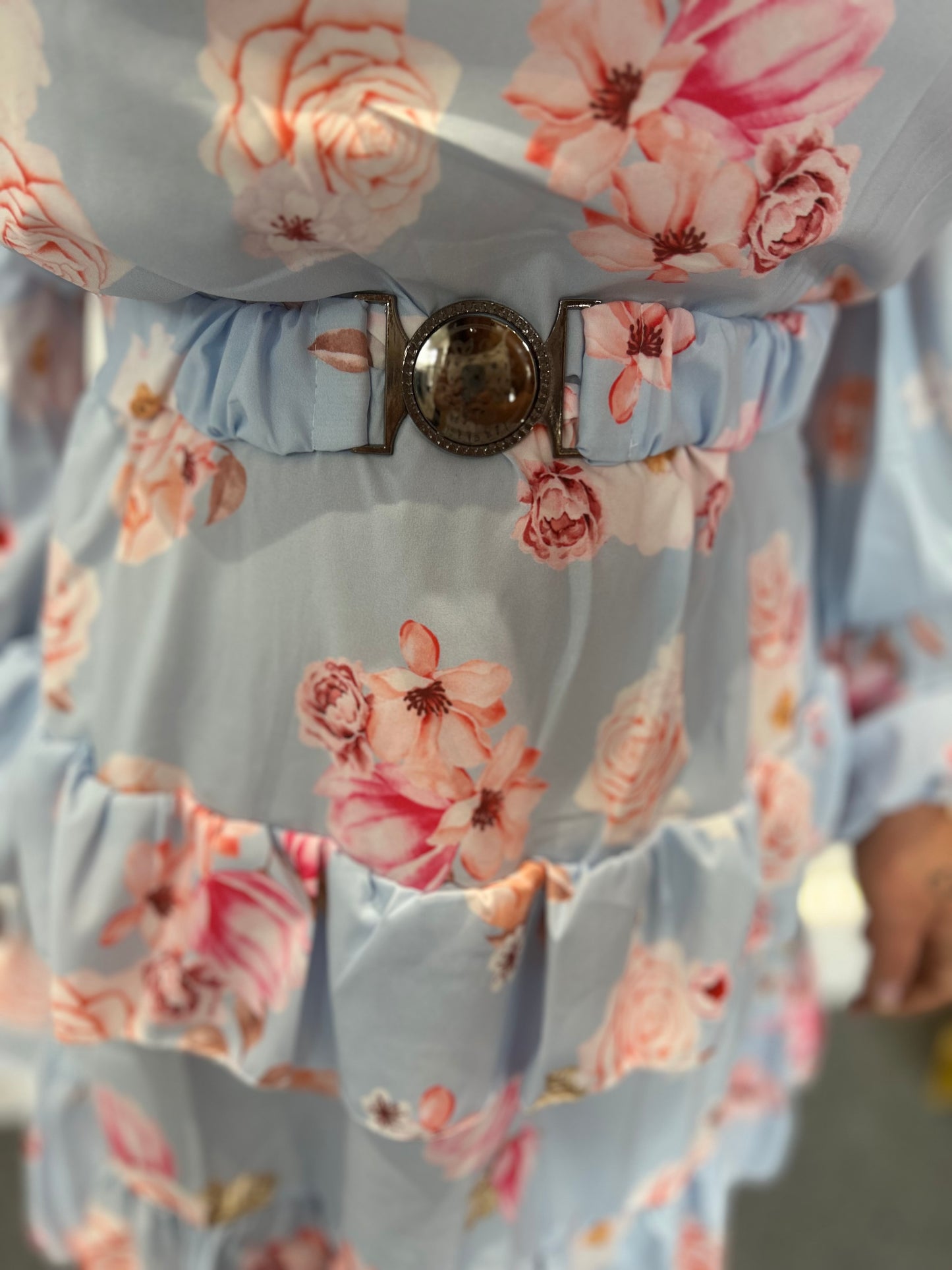 Zandra Tiered Floral Bardot Dress-Sky Blue