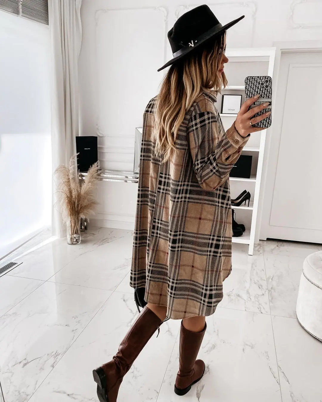 Loose Fit Plaid Shirt Dress for Women