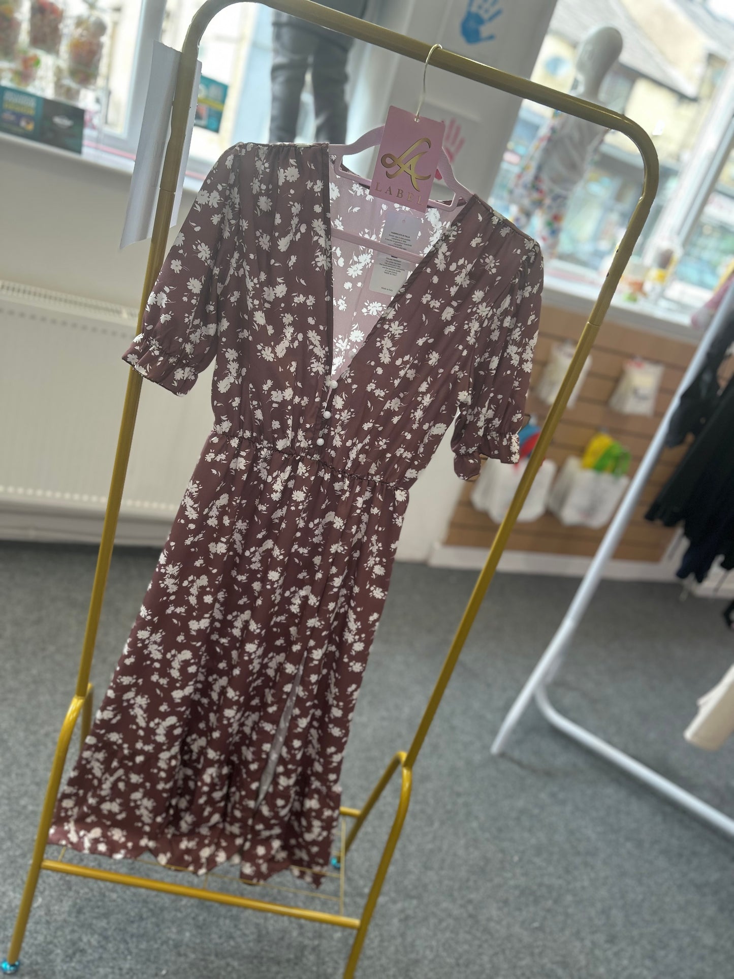 Anna Floral Side Slit Midaxi Dress-Brown