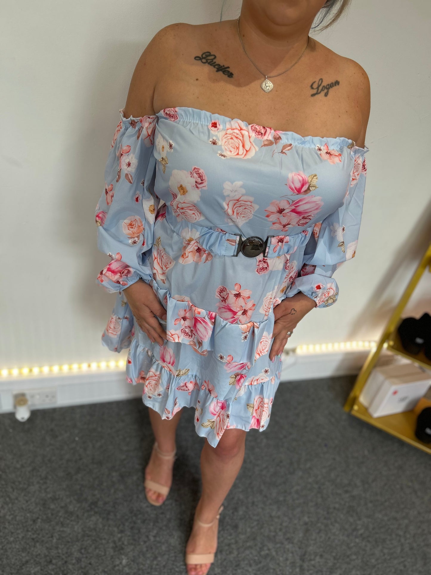 Zandra Tiered Floral Bardot Dress-Sky Blue