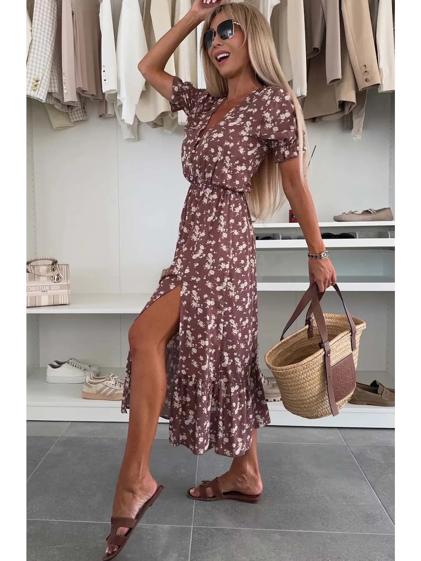Anna Floral Side Slit Midaxi Dress-Brown