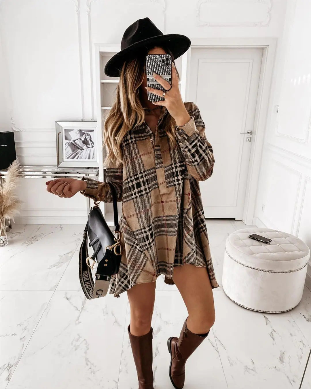 Loose Fit Plaid Shirt Dress for Women