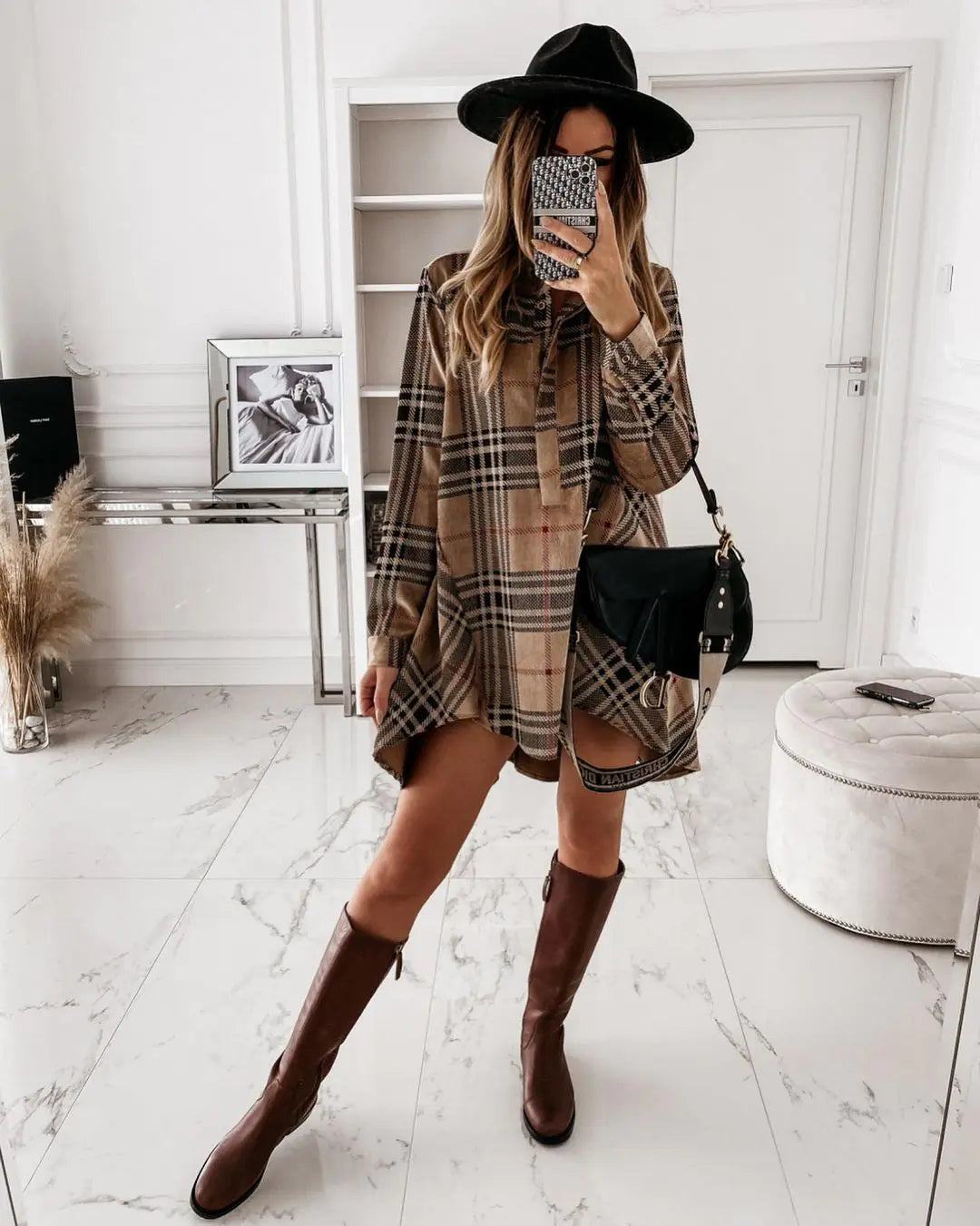 Loose Fit Plaid Shirt Dress for Women