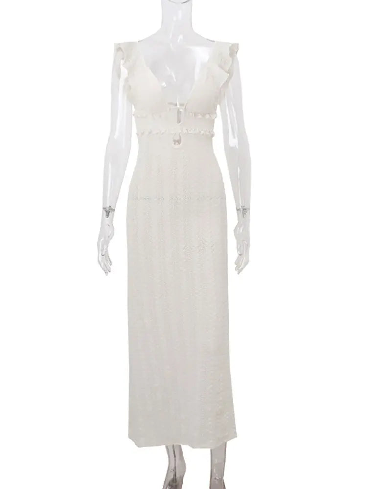 Summer Sexy Backless Slim Maxi Dress Knitted Ruffle