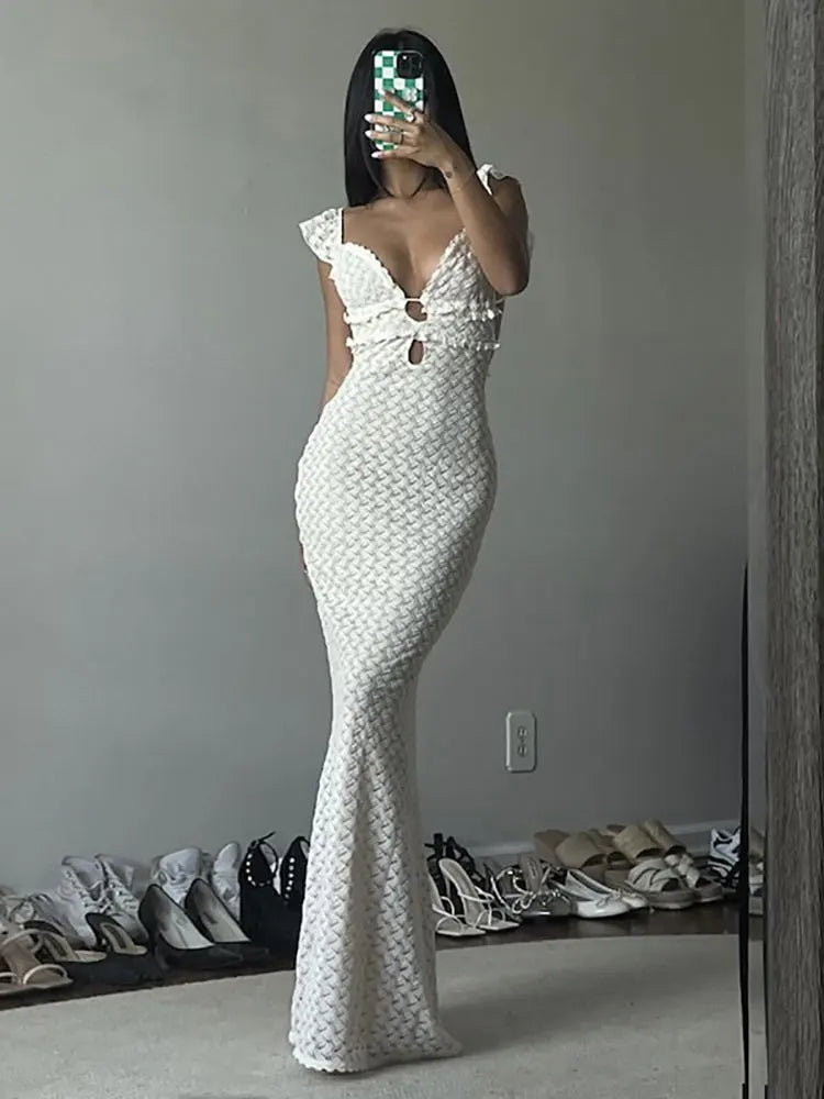 Summer Sexy Backless Slim Maxi Dress Knitted Ruffle