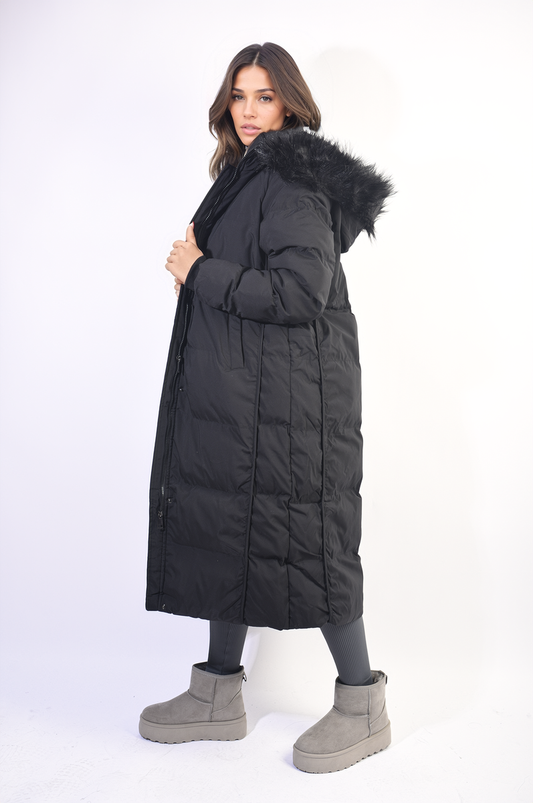 Longline Faux Fur Hooded Puffer Jacket-1