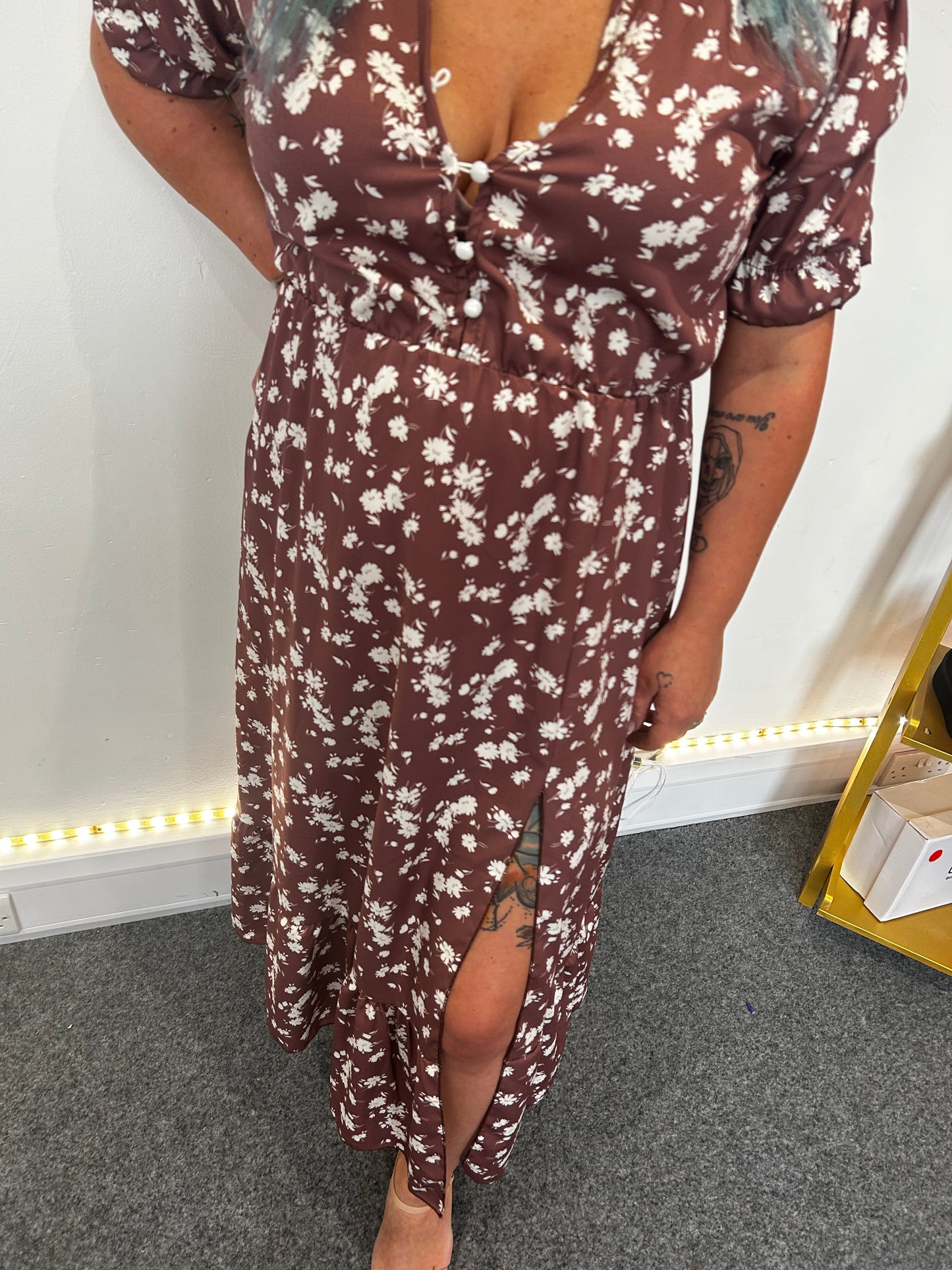 Anna Floral Side Slit Midaxi Dress-Brown