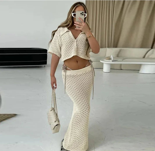 Crochet Two-Piece Skirt Set Cardigan & Skirt
