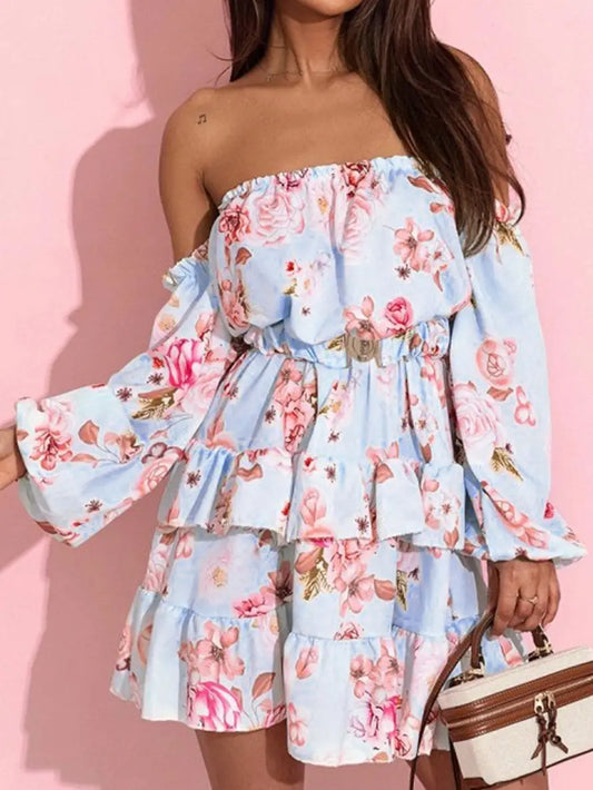 Zandra Tiered Floral Bardot Dress-Sky Blue