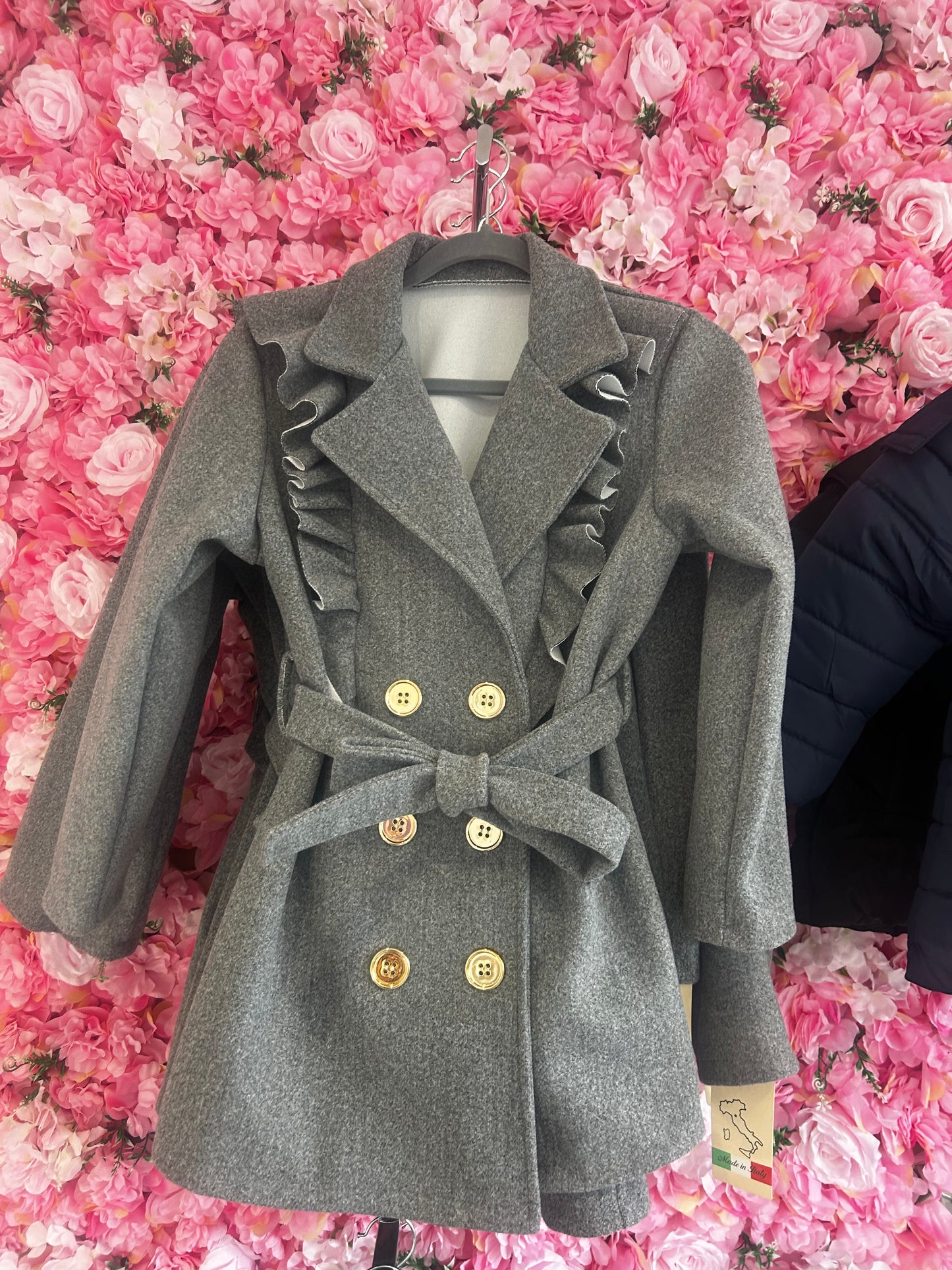 Italian Elegance: Grey Ruffle Coat for Girls