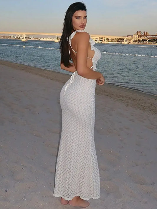 Summer Sexy Backless Slim Maxi Dress Knitted Ruffle
