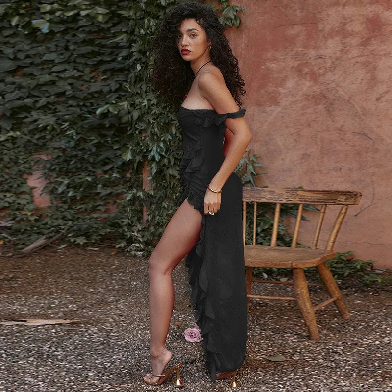 Women’s Y2K Sleeveless Tassel Dress – Lace Trim & Thigh-High Slit