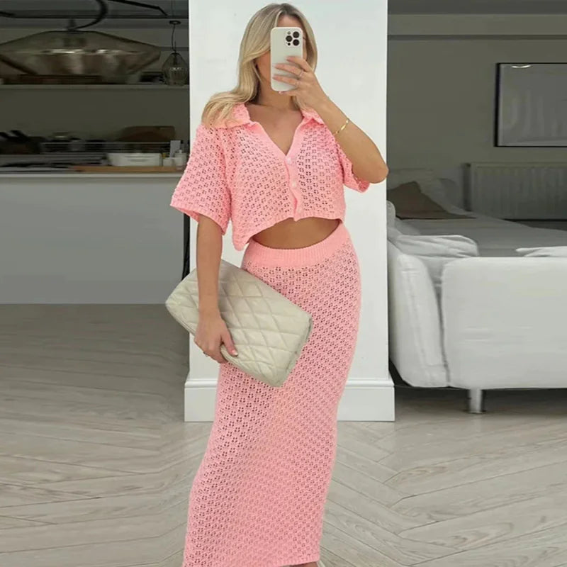 Crochet Two-Piece Skirt Set Cardigan & Skirt