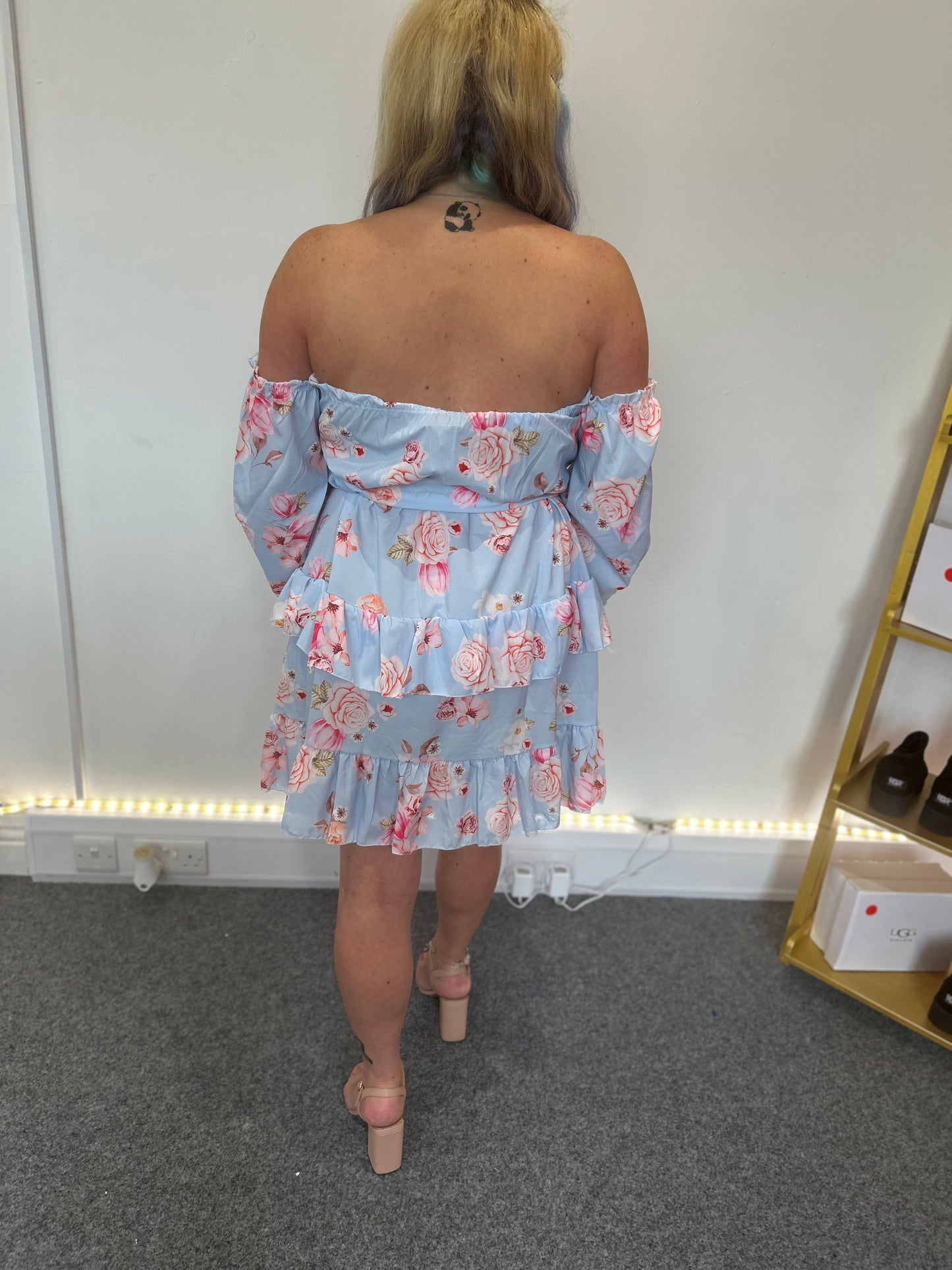 Zandra Tiered Floral Bardot Dress-Sky Blue
