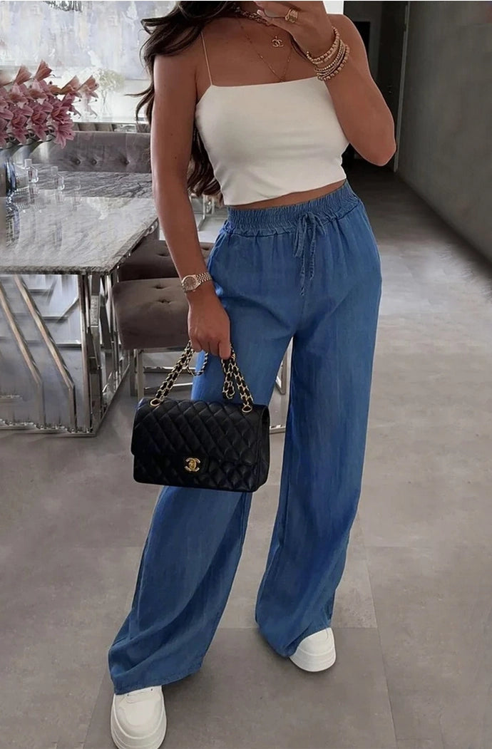 Zarina Wide Leg Pocket Detail Trousers-Blue