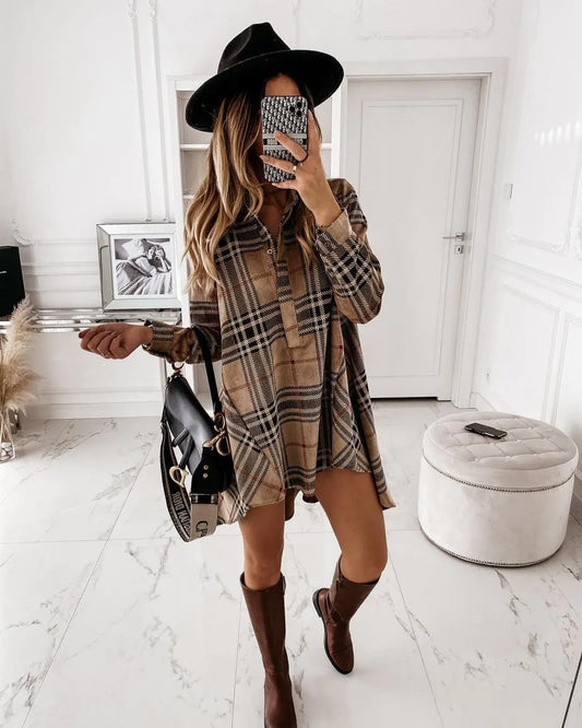 Loose Fit Plaid Shirt Dress for Women