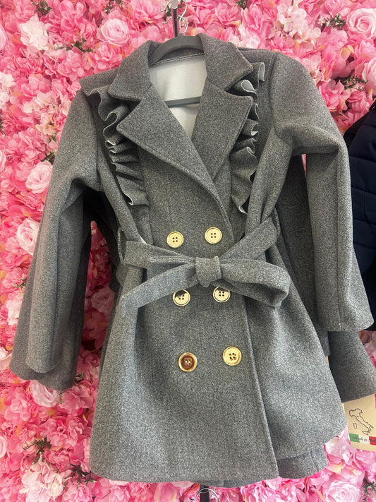 Italian Elegance: Grey Ruffle Coat for Girls