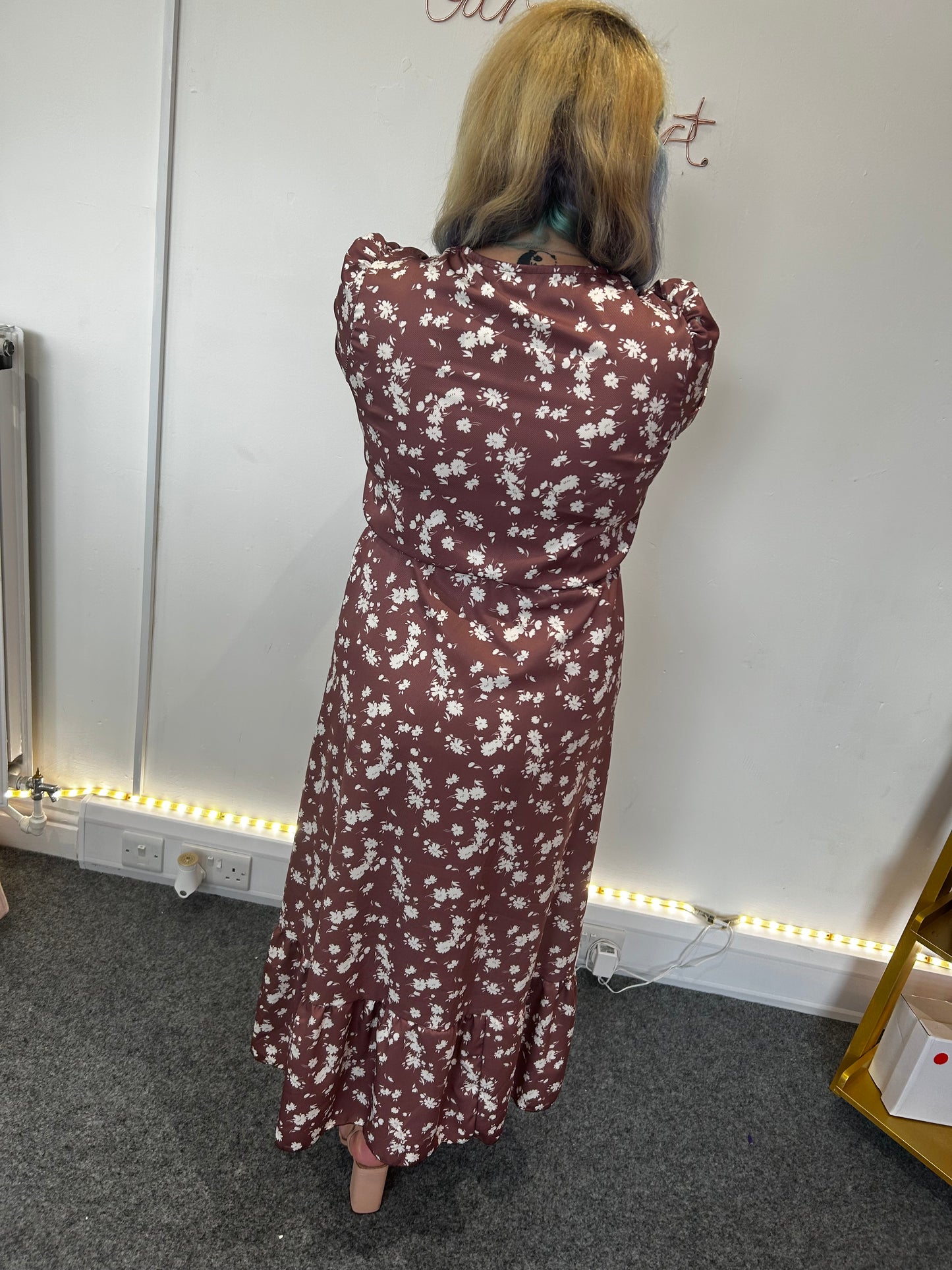 Anna Floral Side Slit Midaxi Dress-Brown