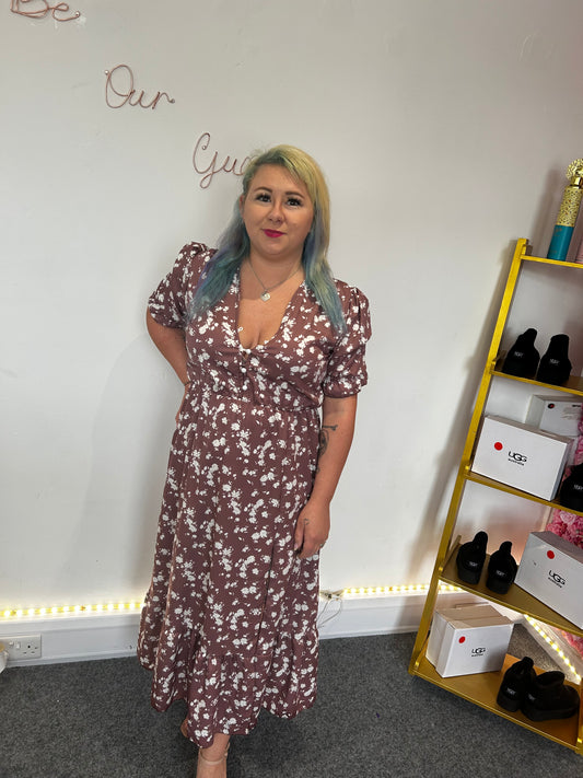 Anna Floral Side Slit Midaxi Dress-Brown