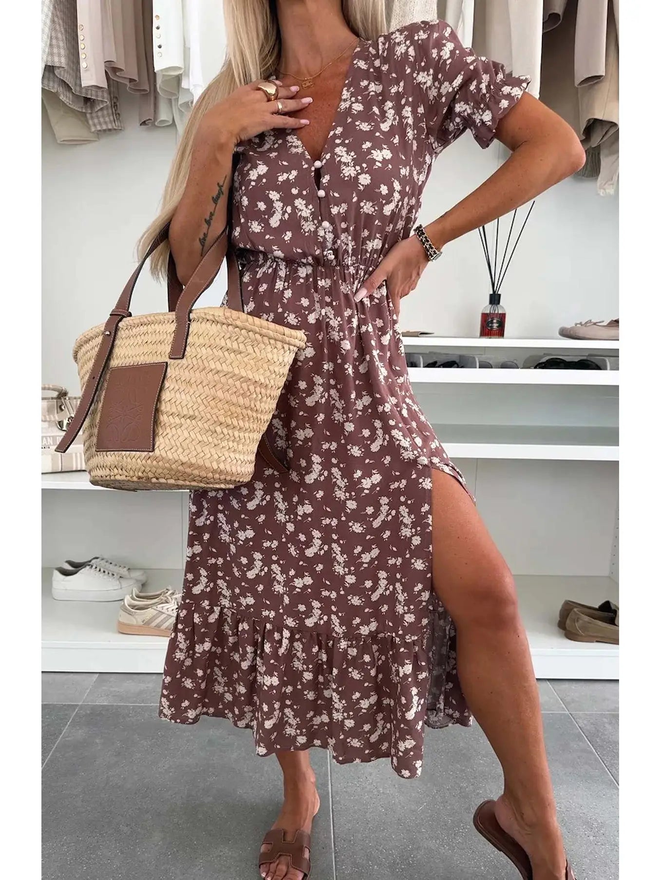 Anna Floral Side Slit Midaxi Dress-Brown