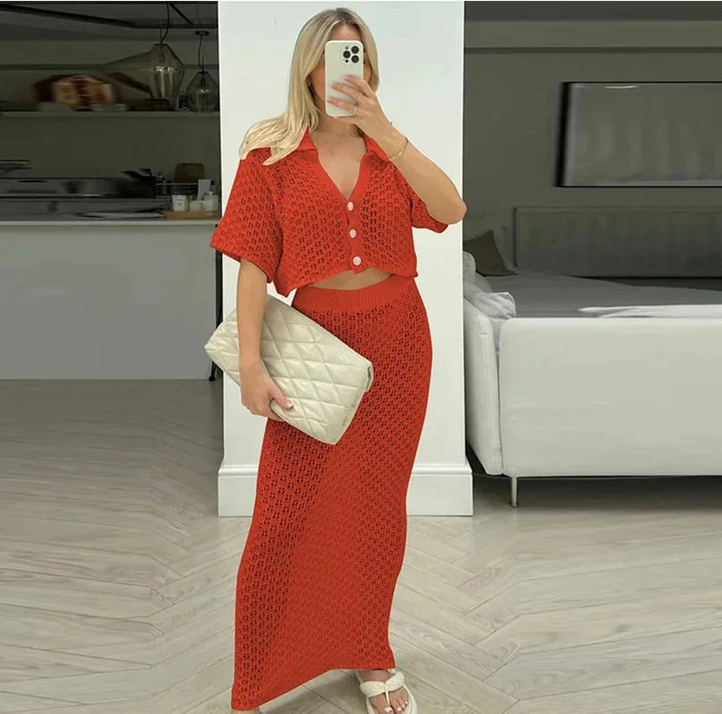 Crochet Two-Piece Skirt Set Cardigan & Skirt