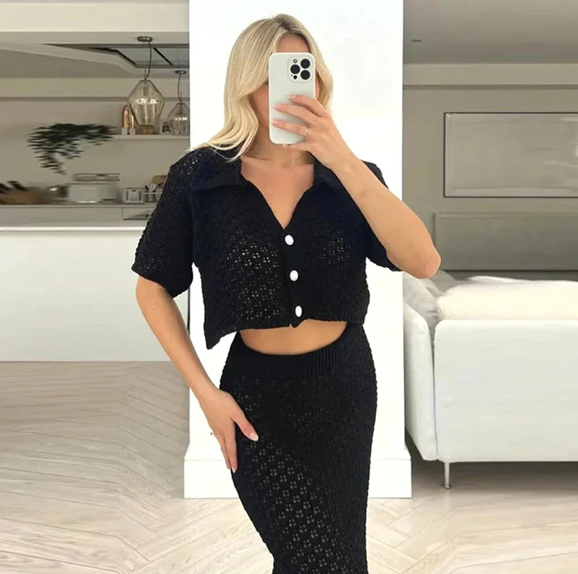 Crochet Two-Piece Skirt Set Cardigan & Skirt