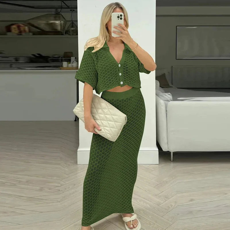 Crochet Two-Piece Skirt Set Cardigan & Skirt