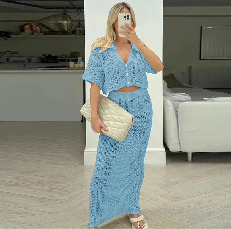 Crochet Two-Piece Skirt Set Cardigan & Skirt