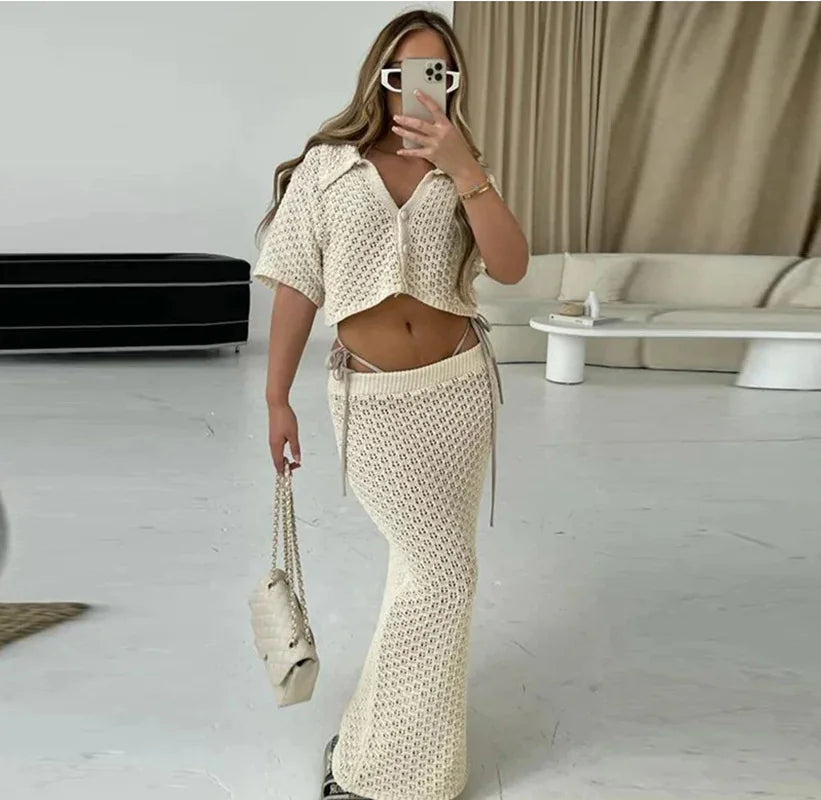 Crochet Two-Piece Skirt Set Cardigan & Skirt