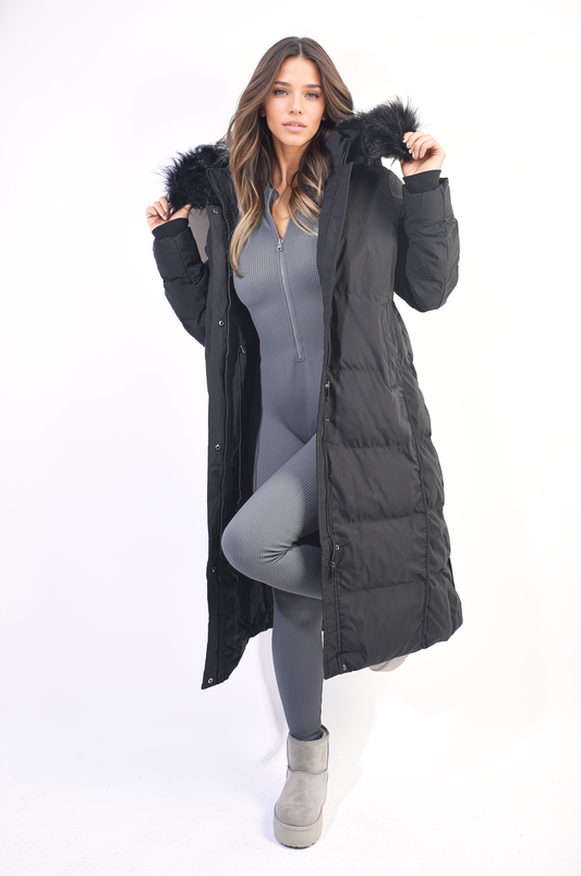 Longline Faux Fur Hooded Puffer Jacket-0